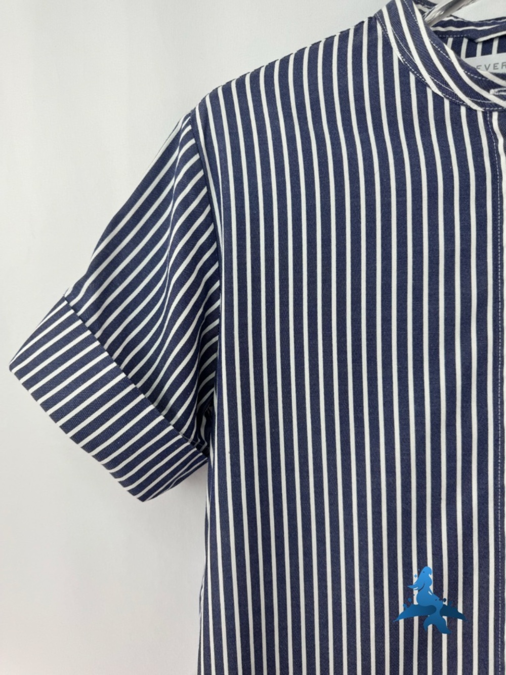1307 - Everlane Striped Shirt Dress - Band Collar - Size 0 - Blue White - Picture 2 of 15